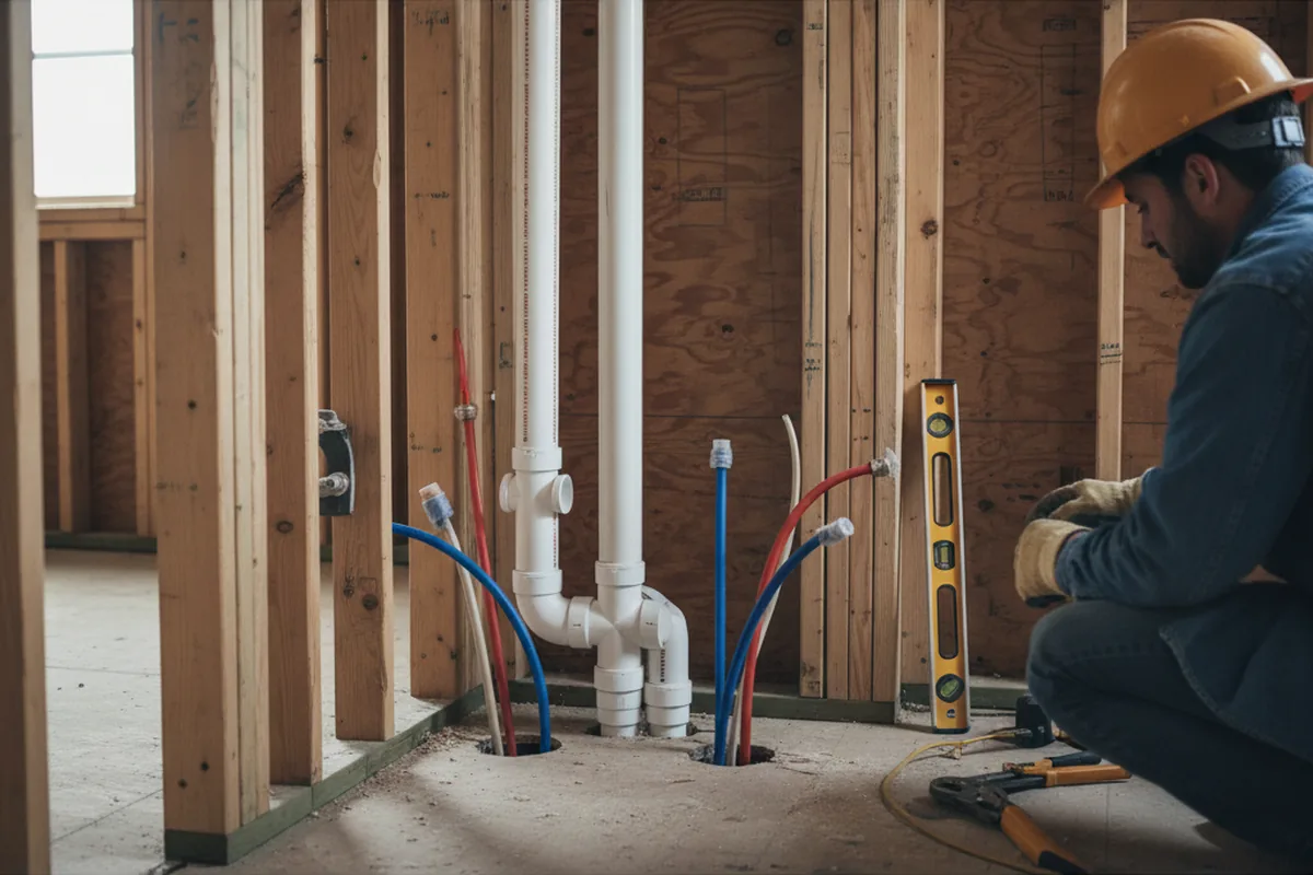Drain and supply rough-in during Sump Pump Repair in Greenvale