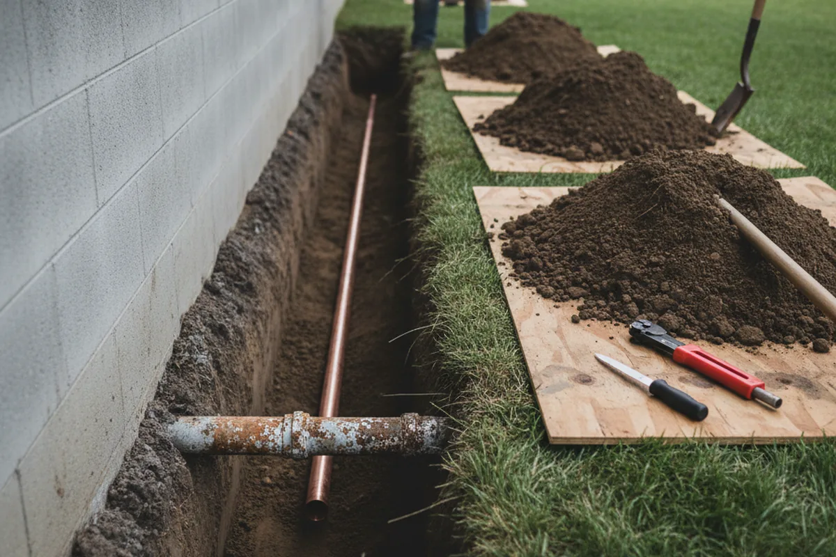 Excavated water line trench during Water Softener Installation in Greenvale
